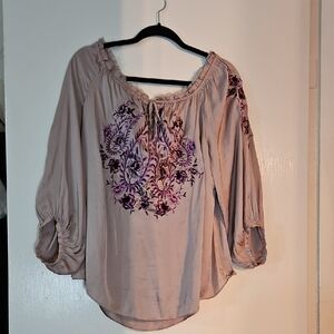 White House Black Market Taupe Peasant Tunic with Purple Floral Embroidery